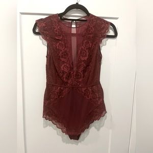 Burgundy Lace and Sheer with deep V neck Bodysuit